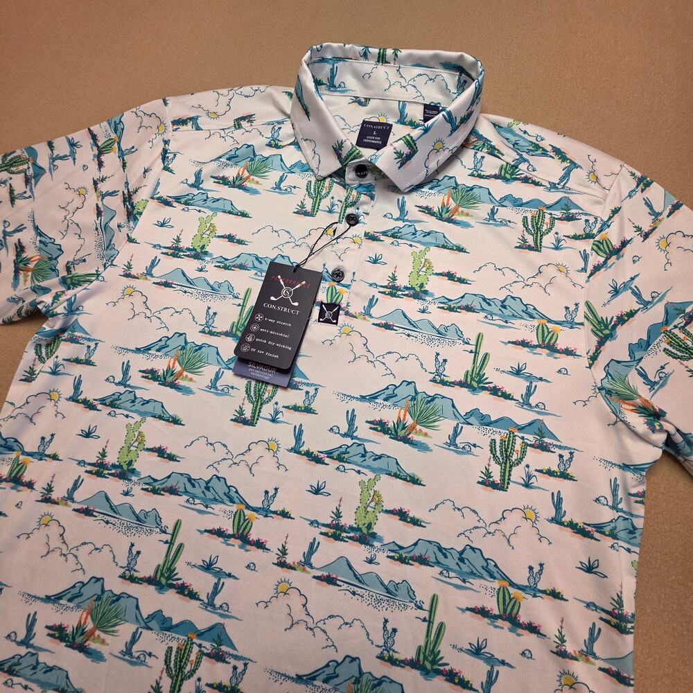 CON.STRUCT Performance Golf Polo Shirt Cactus Desert Print Sz Large NWT